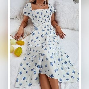 Pink Pineapple Floral Puff Sleeve Shirred Ruffle Hem Midi Dress - Small